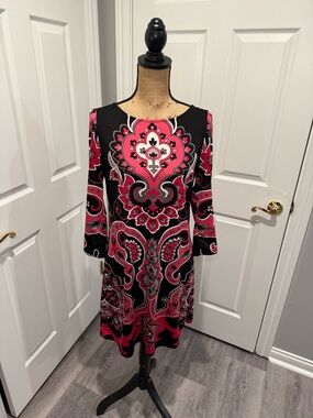 INC International Concepts Black and Pink Paisley-Print Long Sleeve A-Line Dress